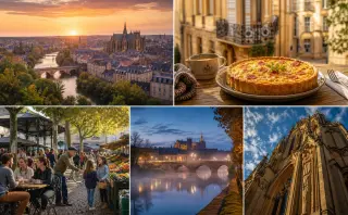 Panoramic sunset view of Metz city with river and cathedral, close-up of quiche lorraine on café table, lively street with locals near market, misty river reflection at blue hour, upward view of cathedral's stonework against sky.