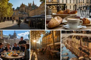 Metz city street with warm stone facades, outdoor café tables filled with brunch dishes, and people enjoying a relaxed Sunday morning atmosphere.