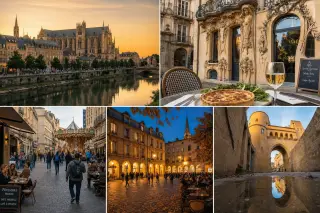 The historic city center of Metz with its cathedral, Moselle river, stone facades, and lively streets in warm sunlight