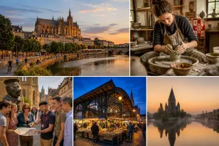 Collage of five photorealistic scenes capturing Metz: a panoramic cityscape with cathedral and river at sunset; close-up of pottery-making in a sunlit studio; lively urban guided tour with locals around a quirky statue; covered market glowing at blue hour