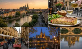 View of Metz with cathedral skyline and Moselle river at golden hour, showing warm colors and lively streets