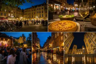 Nighttime view of Metz with lively terrace bars, warm streetlights, and people enjoying the city
