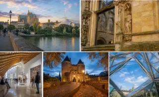 View of Metz cityscape at golden hour highlighting cathedral and river, close-up of museum stone façade, group viewing art inside Centre Pompidou-Metz, Porte des Allemands at blue hour, and minimalist upward shot of Centre Pompidou-Metz's modern structure