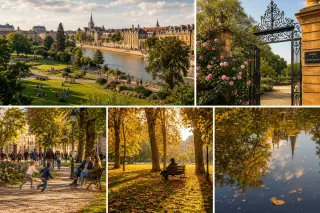 Urban park in Metz with lush gardens, city landmarks, people relaxing, and warm natural light reflecting Eastern France's atmosphere