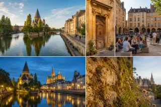 Metz panoramic view with old town, river, and greenery at golden hour, showing lively local atmosphere